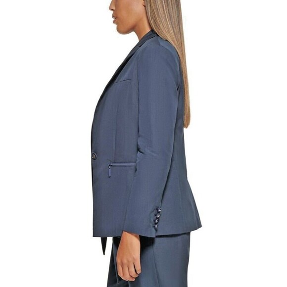 DKNY Women's Petite One-Button Blazer Cotton Zip-Pockets Formal Jacket Navy 4P - Picture 2 of 13
